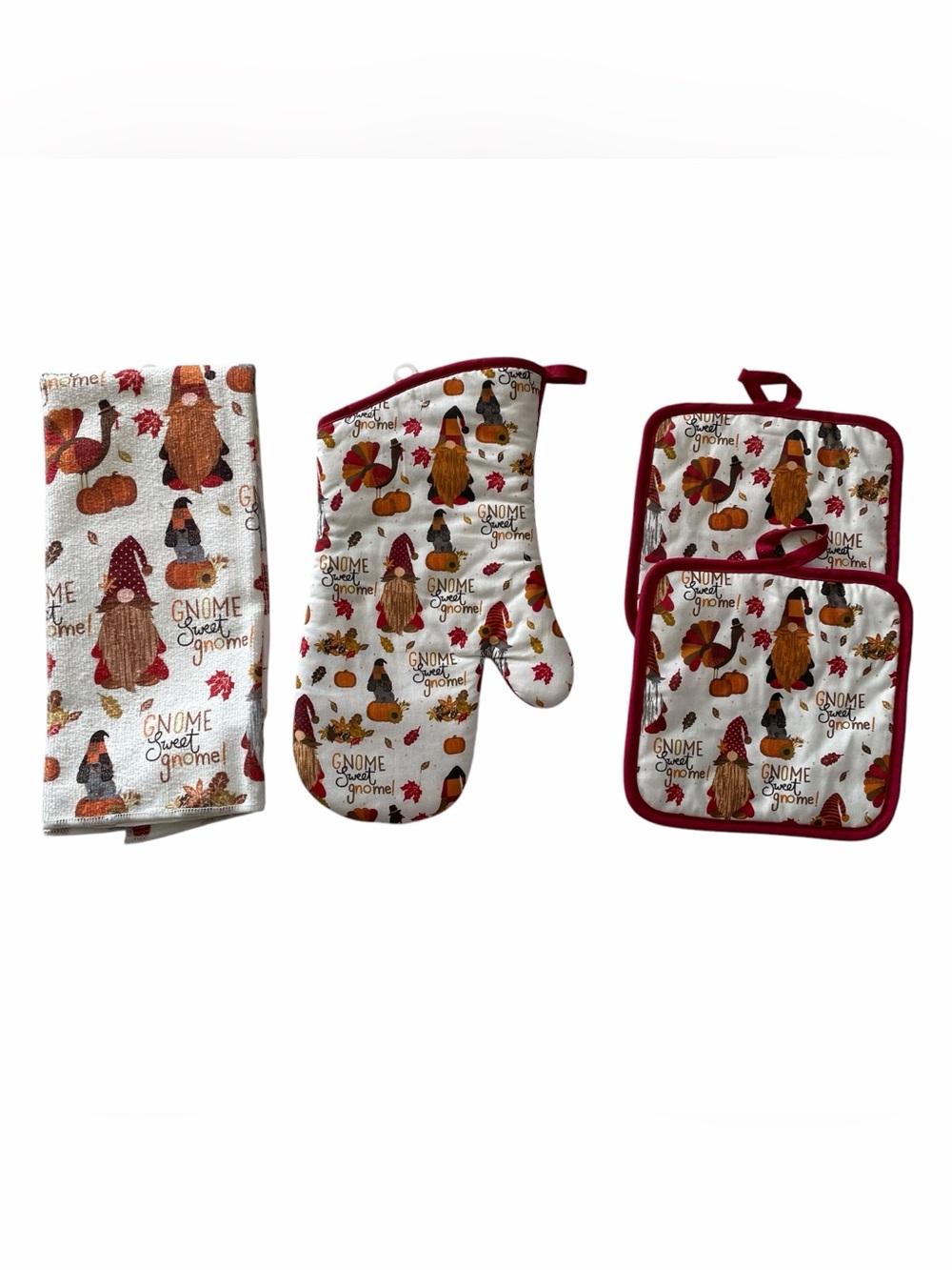 Fall Thanksgiving Gnome Kitchen Towel Oven Mitt Pot Holders 4-pc. Set